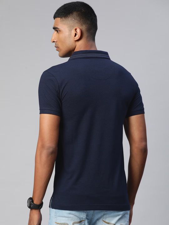 Basic Navy Blue Double Butt Collared Pique Polo T Shirt - broncopolos.com