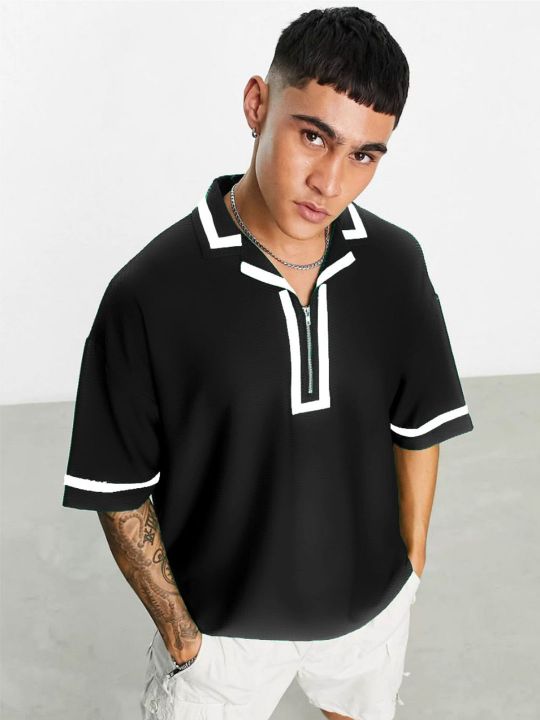 Black Decorative Striper Overszied Polo T Shirt - broncopolos.com