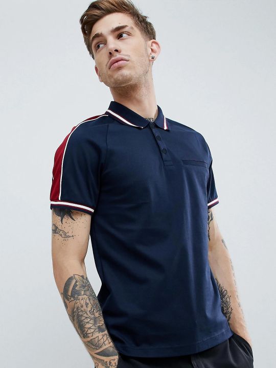 Navy With Red Bowling Sleeve Stripe Polo T Shirt - broncopolos.com